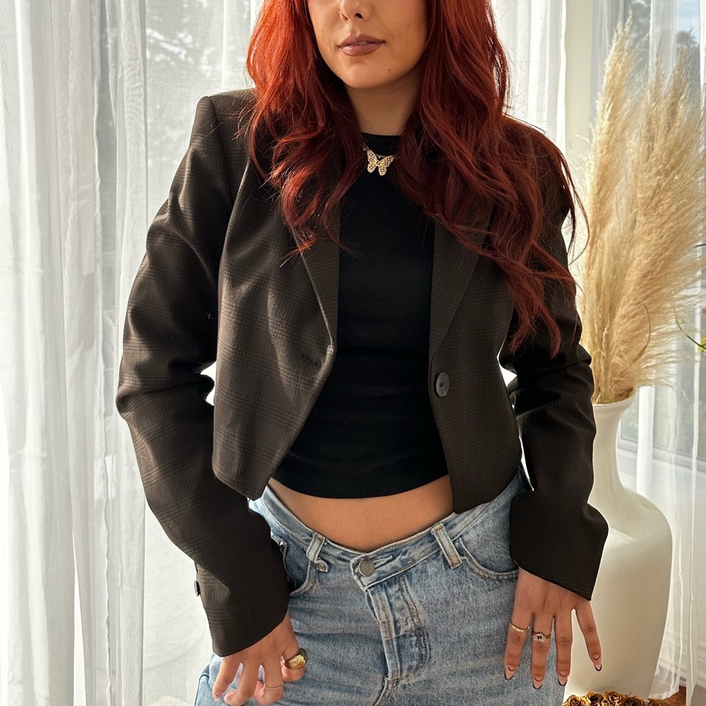 Brown Plaid Crop Blazer